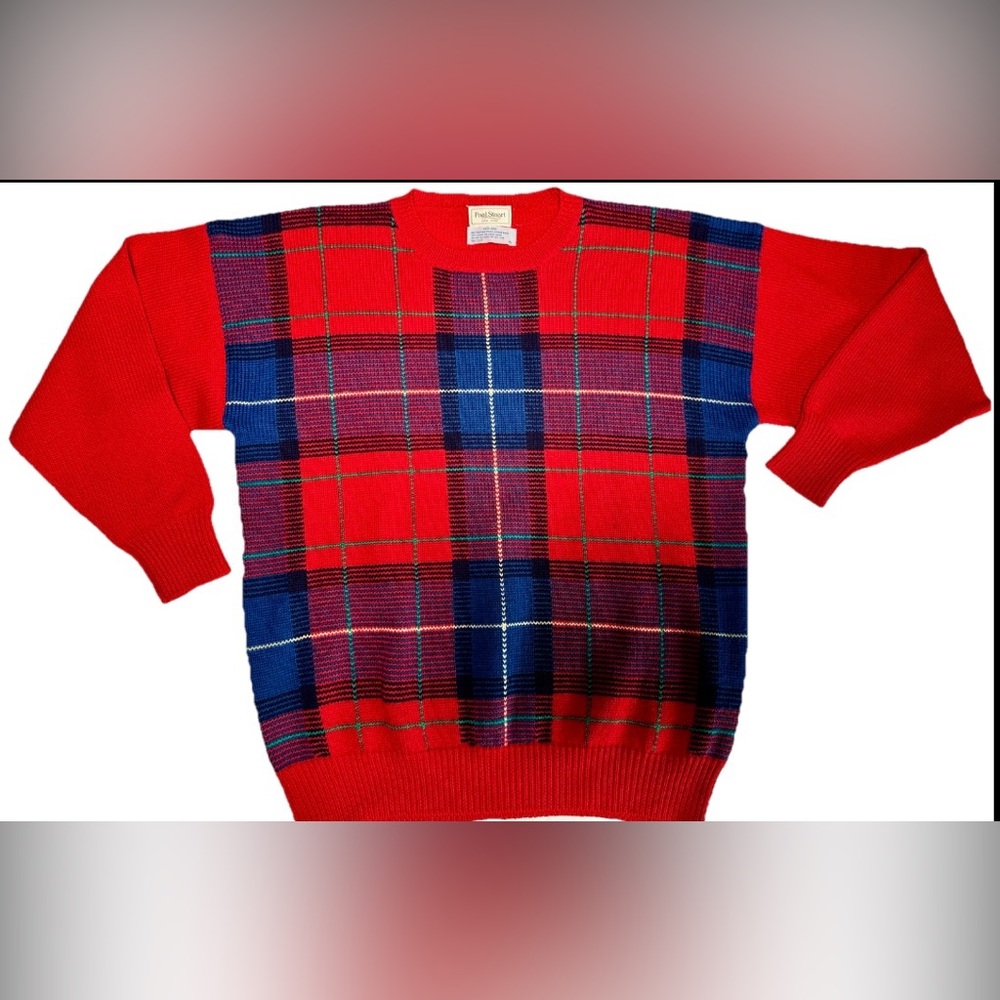 Paul Stuart Mens 100% Wool Knit Sweater Size XL Red Blue Plaid Vibrant Crewneck